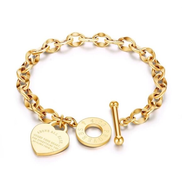 Fashion Jewelry Jewelry - 18K Gold Plated Stainless Steel Chain Bracelet With Heart Charm "Above All Else"